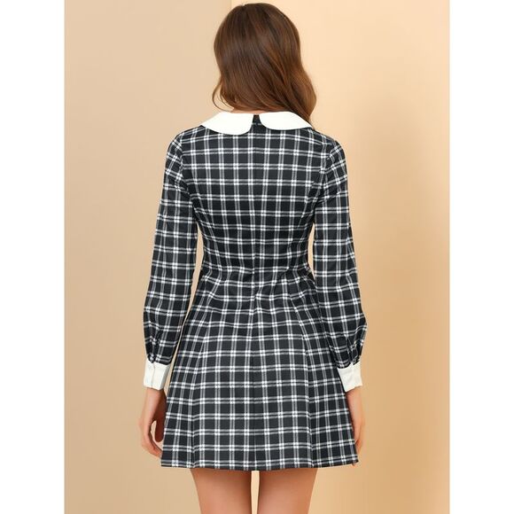 Peter Pan Collar Fit and Flare Mini Plaid Tartan Dress Black - Picture 5 of 6